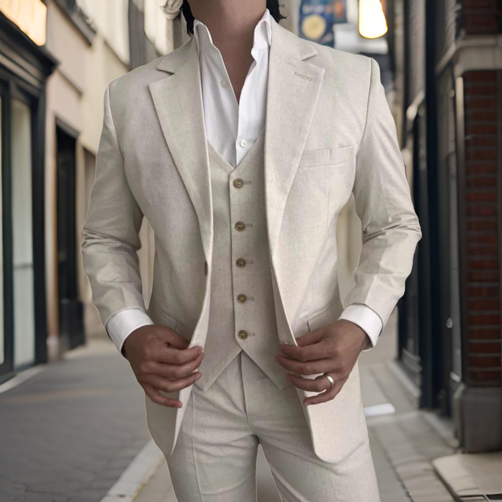 Mens Fashion Blazer - 3 Parça Keten Erkek Takım Elbise