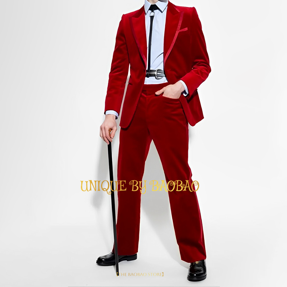 Men'S Fashion Xmas Party - Erkek kırmızı kadife 2 parça Suit