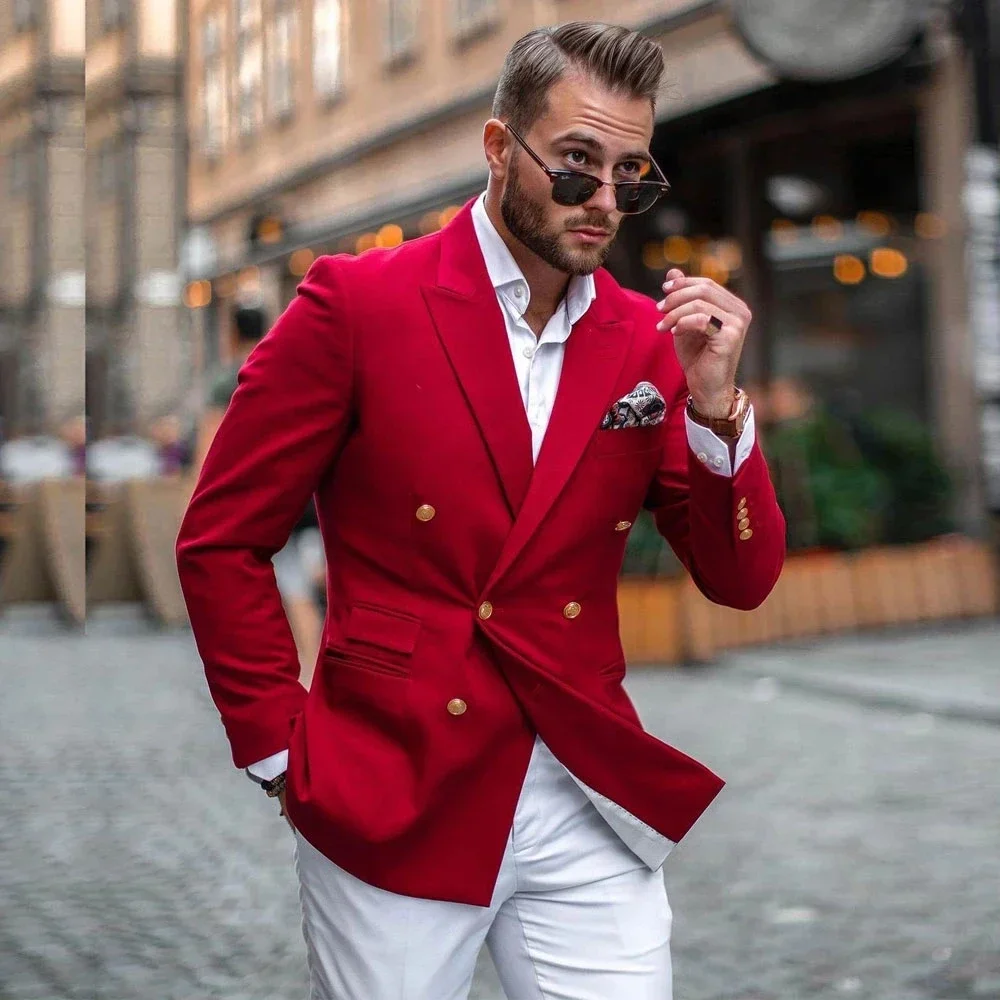 Mens Fashion Blazer - Kırmızı Ceket Beyaz Pantolon Kruvaze Moda